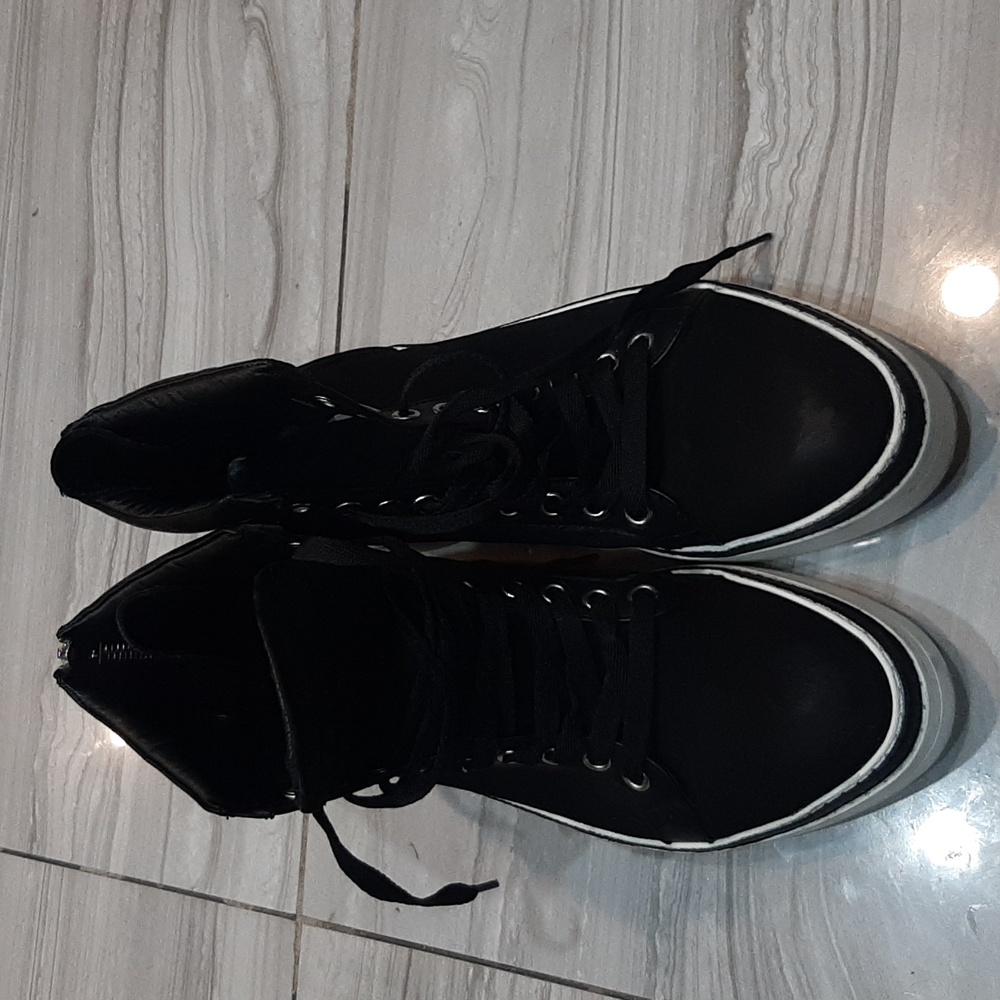 TheWishbone Acquamarina Black White Calf Nubuck Lace Up Bootie High-top Sneakers